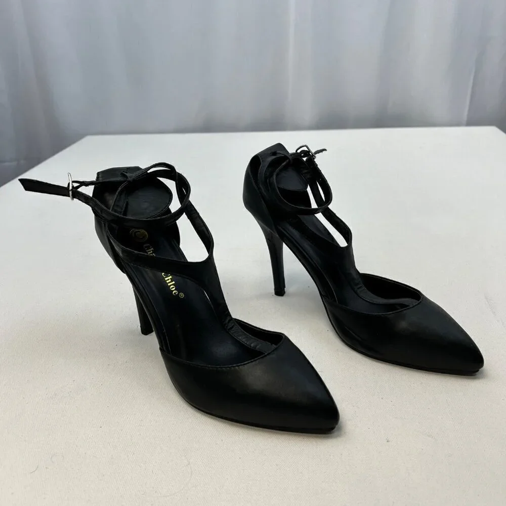 Chase & Chloe Pointed Toe Ankle Strap Stilettos Black Size 9